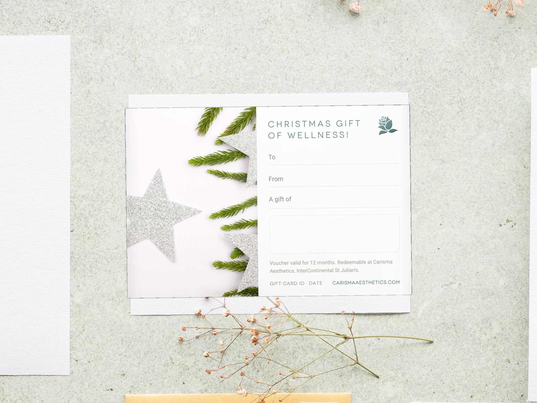 A Carisma Aesthetics Christmas gift card with silver stars and spruce on bone linen